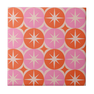 Mid Century Starbursts op roze en Oranje cirkels Tegeltje