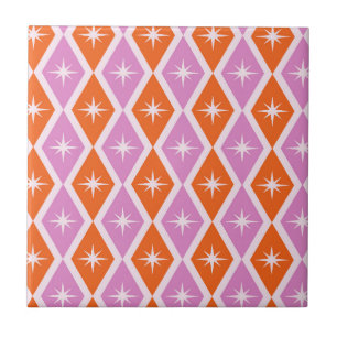 Mid Century Starbursts op roze en Oranje diamanten Tegeltje