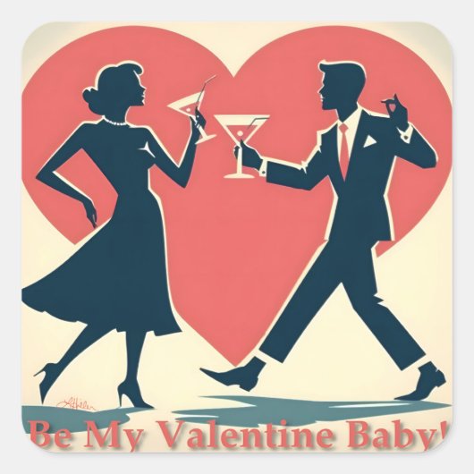 Mid Century Valentijn Hip Martini Dancing Paar Vierkante Sticker (Voorkant)