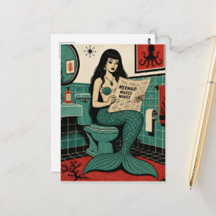 Mid Century Zeemeermin op Toilet Krant Lezend Briefkaart