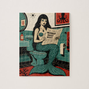 Mid Century Zeemeermin op Toilet Krant Lezend Legpuzzel