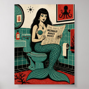 Mid Century Zeemeermin op Toilet Krant Lezend Poster
