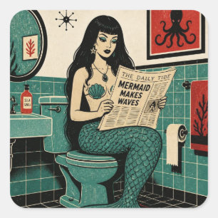 Mid Century Zeemeermin op Toilet Krant Lezend Vierkante Sticker