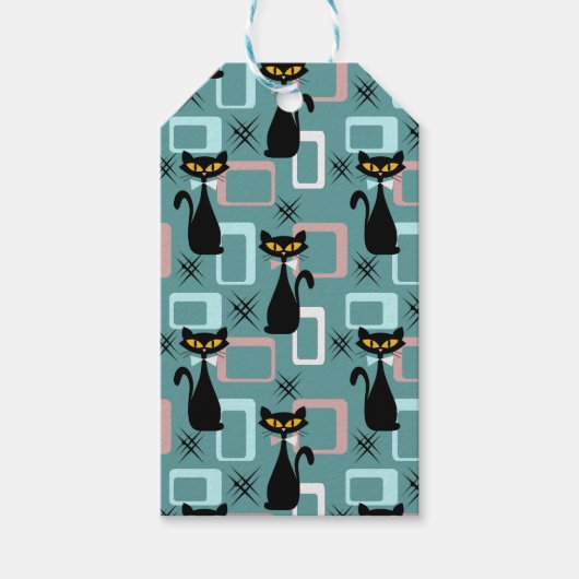 Mid Century zwart kattenpatroon Cadeaulabel (Voorkant)