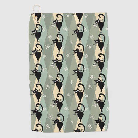 Mid Century zwart kattenpatroon Golfhanddoek (Voorkant)
