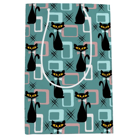 Mid Century zwart kattenpatroon Medium Cadeauzakje (Voorkant)