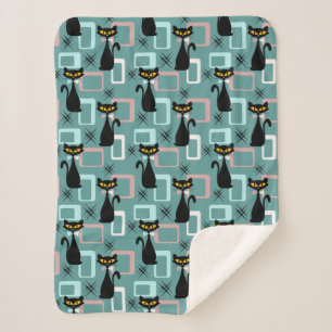 Mid Century zwart kattenpatroon Sherpa Deken