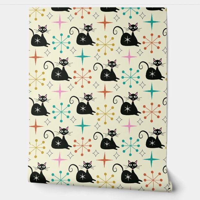 Mid Century Zwarte Atoomkat met Starbursts Behang (Afrollen)