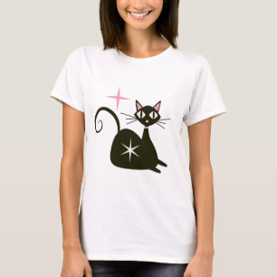 Mid Century Zwarte Atoomkat met Starbursts T-shirt