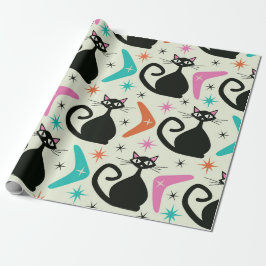 Mid Century Zwarte Atoomkatten met Boomerangs Cadeaupapier