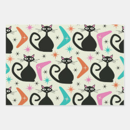 Mid Century Zwarte Atoomkatten met Boomerangs Inpakpapier Vel