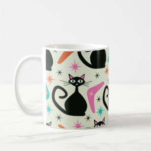 Mid Century Zwarte Atoomkatten met Boomerangs Koffiemok