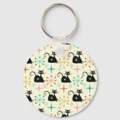 Mid Century Zwarte Atoomkatten met Retro Starburst Sleutelhanger (Voorkant)