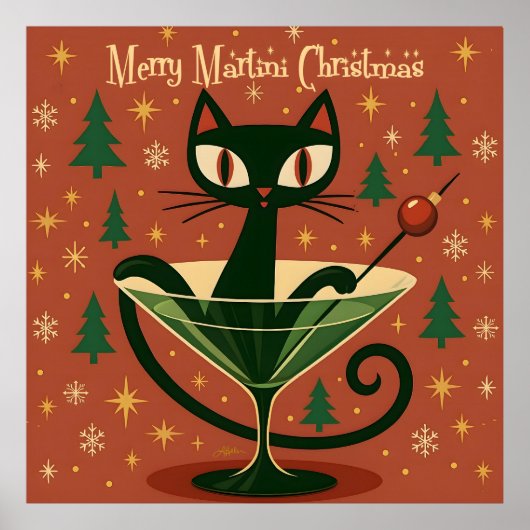 Mid Century Zwarte Kat Merry Martini Kerstmis Poster (Voorkant)