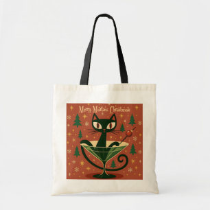Mid Century Zwarte Kat Merry Martini Kerstmis Tote Bag