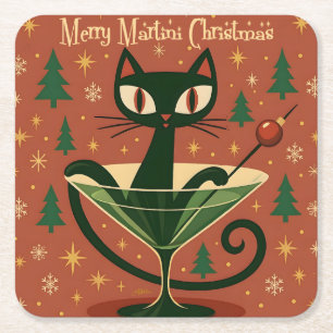 Mid Century Zwarte Kat Merry Martini Kerstmis Vierkante Kartonnen Onderzetter