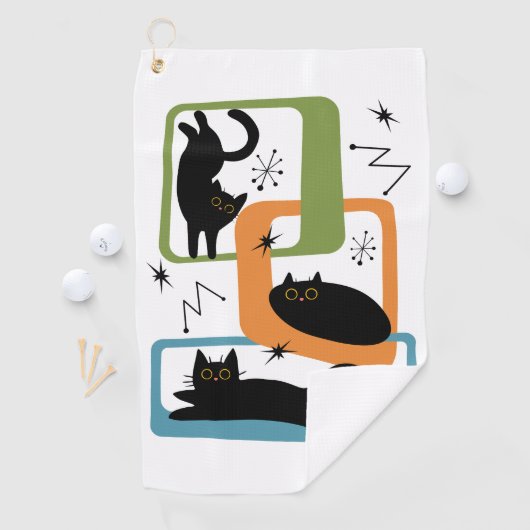 Mid Century zwarte katten Golfhanddoek (Insitu)