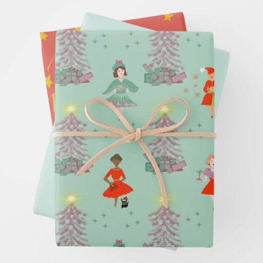 Mid eeuw mod vrouwen retro kerst, roze, groen inpakpapier vel (In situ)