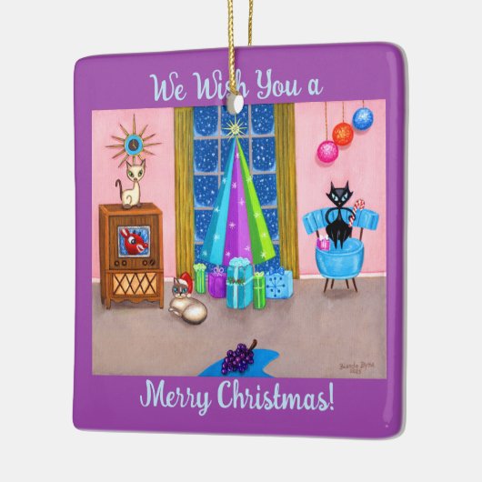 Mid-eeuw moderne kerst atoomtijdperk katten tv keramisch ornament (Links)