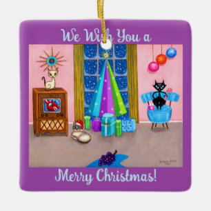 Mid-eeuw moderne kerst atoomtijdperk katten tv keramisch ornament