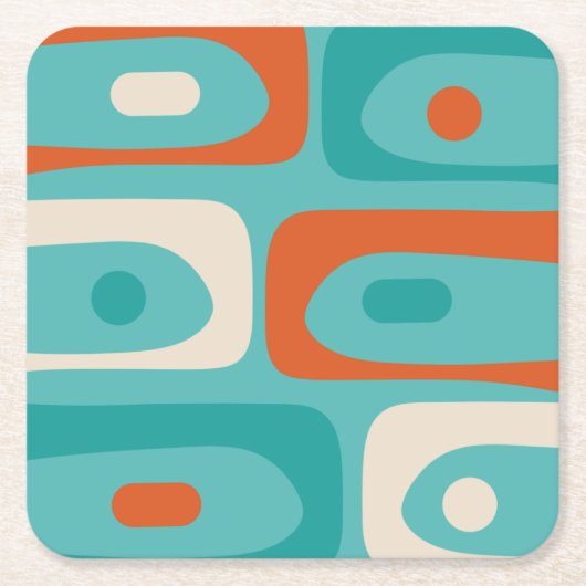 Mid-eeuwse Modern Piquet Pattern Blauwgroen Sinaas Vierkante Kartonnen Onderzetter (Voorkant)