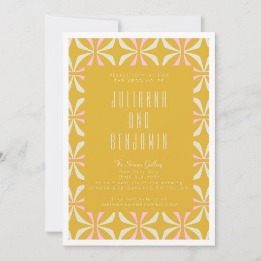 Mid Mod Geometric Yellow and Pink Weddenschap Kaart (Voorkant)