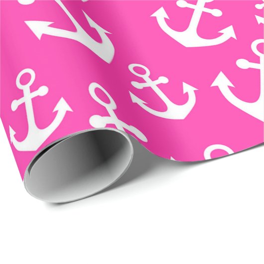Mid roze en witte anchors Nautical Pattern Cadeaupapier (Rol Hoek)