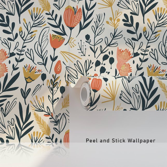 Midcentury Boho Bloemen Koraal Mosterd Blauwgroen Behang (Creator heeft geüpload)