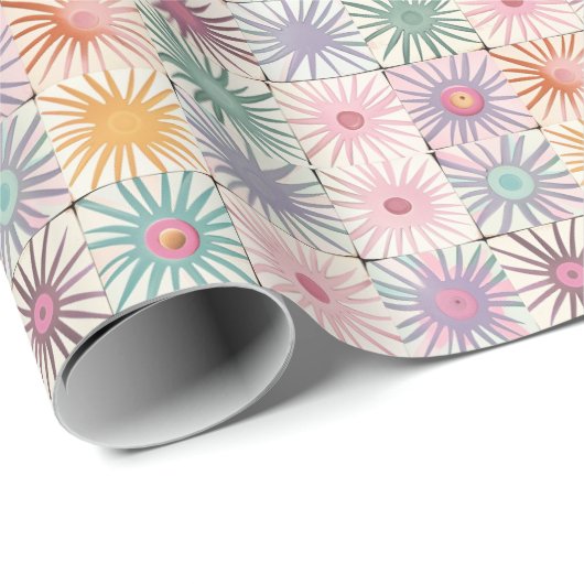 Midcentury Boho Tegel Patroon met Pastel Sunburst Cadeaupapier (Rol Hoek)