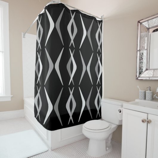 Midcentury Boomerangs Zwart Grijs Douchegordijn (In situ)