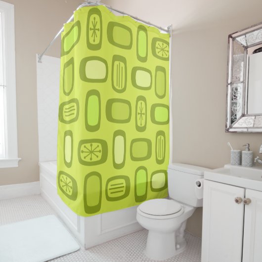 Midcentury MCM Rounded Rectangles Chartreuse Douchegordijn (In situ)