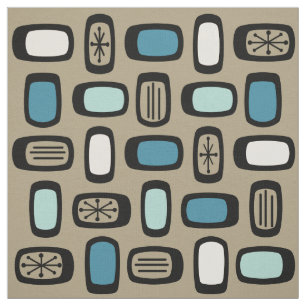 Midcentury MCM Rounded Rectangles Gold Blue Stof