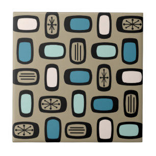 Midcentury MCM Rounded Rectangles Gold Blue Tegeltje