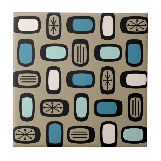 Midcentury MCM Rounded Rectangles Gold Blue Tegeltje (Voorkant)