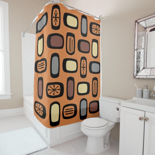 Midcentury MCM Rounded Rectangles Orange Brown Douchegordijn (In situ)