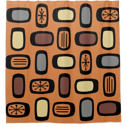 Midcentury MCM Rounded Rectangles Orange Brown Douchegordijn (Voorkant)