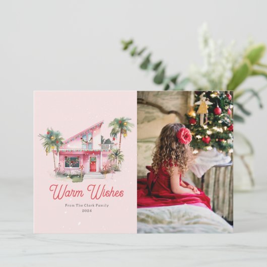 Midcentury Modern Huis Roze Kerstmis Kaart (Staand voorkant)