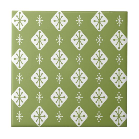 Midcentury Starbursts Diamonds Olive Green Tegeltje (Voorkant)
