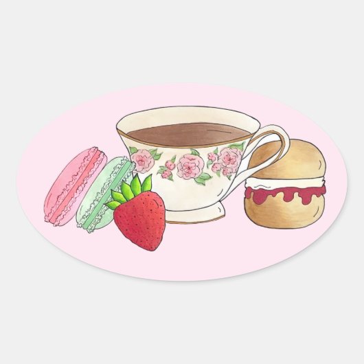 Middag Tea Party Macarons Teacup Cream Scone Ovale Sticker (Voorkant)