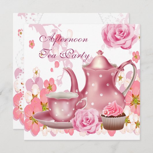 Middagmiddag Tea Partij  Roze Roze Teapot Kaart (Voorkant / Achterkant)