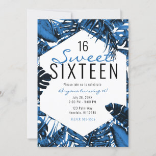 Middel Denim Blauw Tropisch Palmbladeren Sweet 16 Kaart