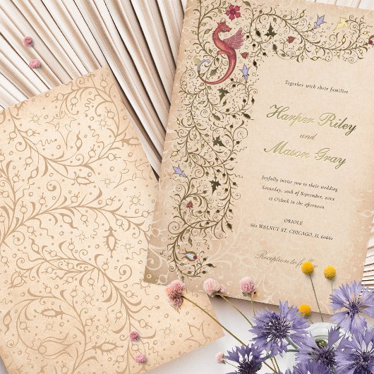 Middeleeuws geïnspireerde gouden bruiloft  scrollw folie uitnodiging