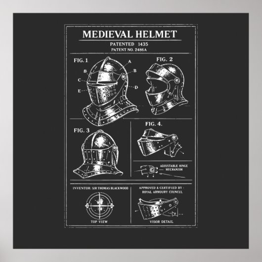Middeleeuws helm blueprint poster (Voorkant)