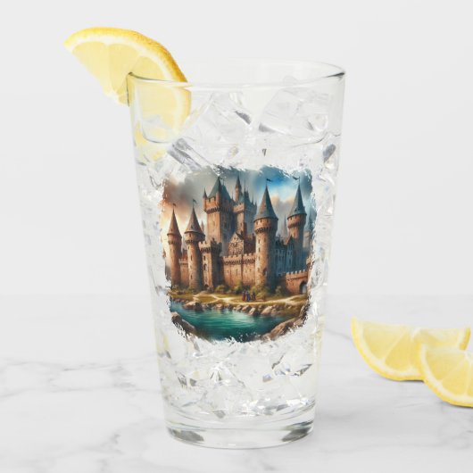 Middeleeuws kasteel bij een rustige rivier bij zon glas (Voorkant ijs)