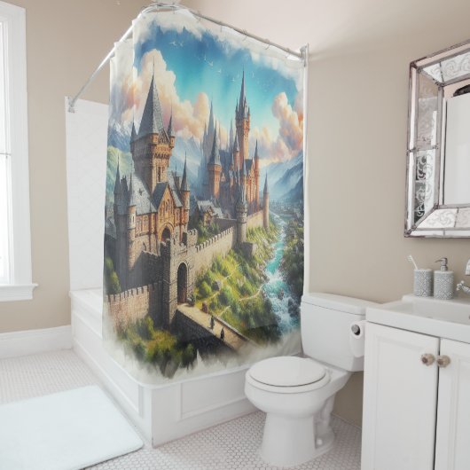 Middeleeuws kasteel in een bergvallei landschap douchegordijn (In situ)