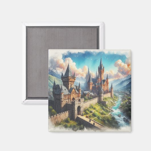 Middeleeuws kasteel in een bergvallei landschap magneet (Voorkant / Achterkant)