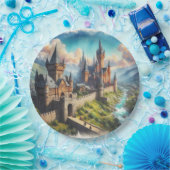 Middeleeuws kasteel in een bergvallei landschap papieren bordje (Feest)