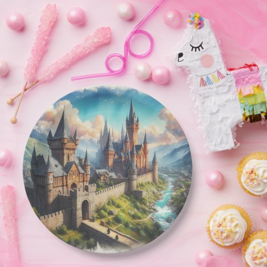 Middeleeuws kasteel in een bergvallei landschap papieren bordje (Feest)