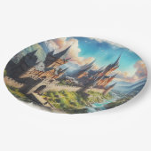 Middeleeuws kasteel in een bergvallei landschap papieren bordje (Gekanteld)