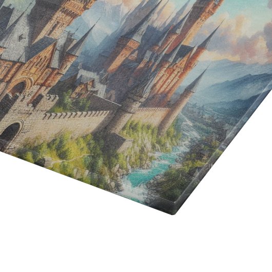 Middeleeuws kasteel in een bergvallei landschap snijplank (Hoek)